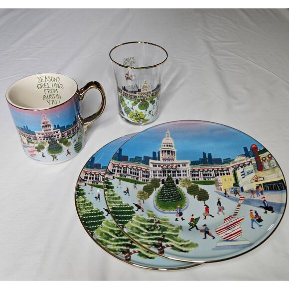 Anthropologie Holiday in the City Austin 2024 4 Piece Set Mug Glass 2 Plates - Picture 1 of 11